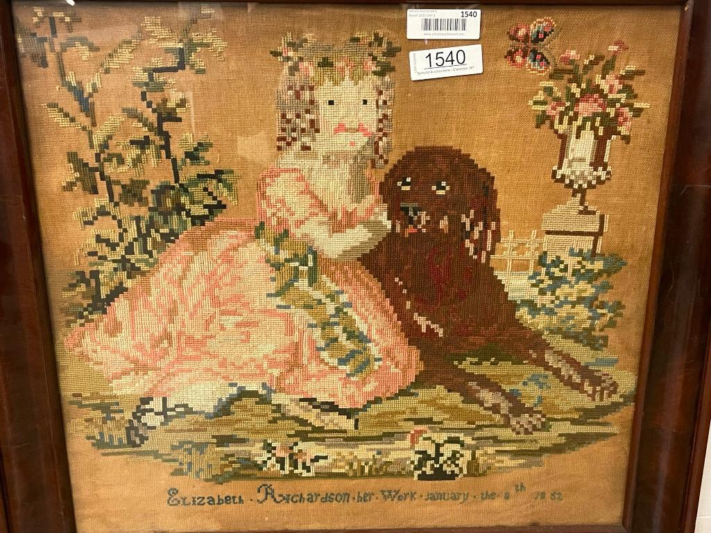 Early Needlepoint by Elizabeth Richardson 1852: Early Needlepoint by Elizabeth Richardson 1852 Framed of young girl with dog and flowers
