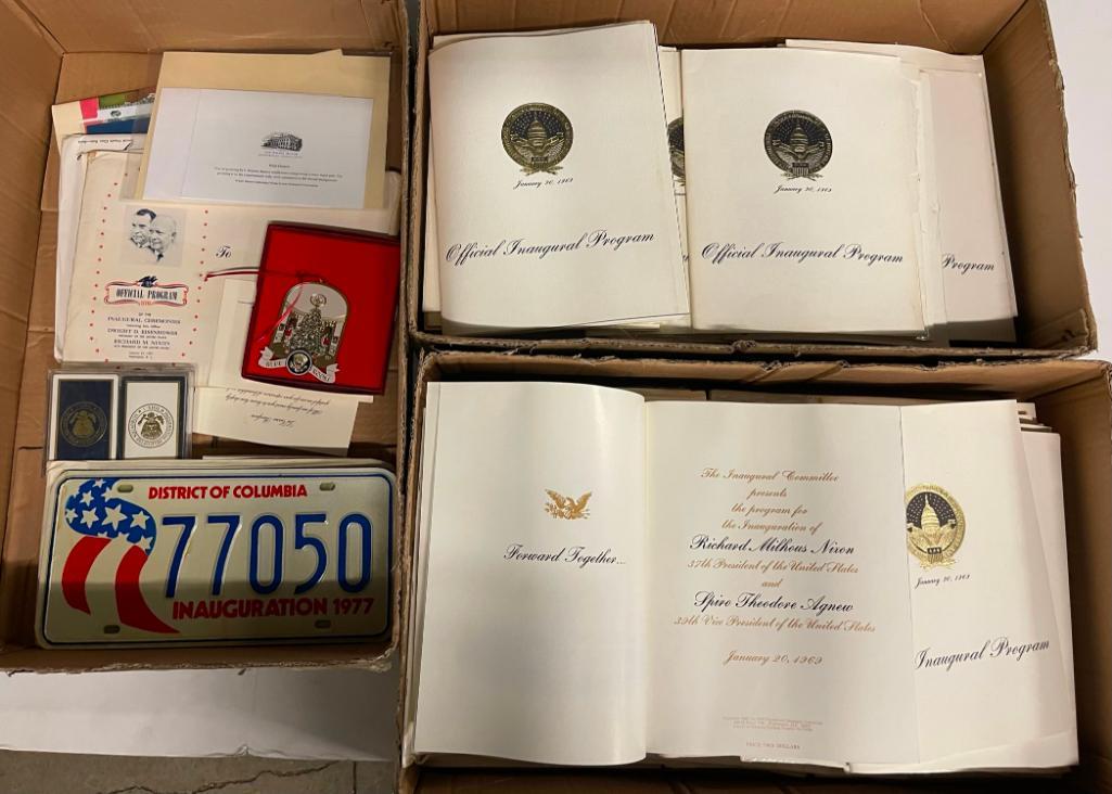 2 Boxes of Richard Nixon Inauguration Programs etc: 2 Boxes of Richard Nixon Inauguration Programs, Other Presidential Inauguration items incl playing cards, license plate etc