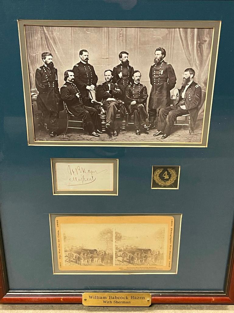 W. B. Hazen, Union Brigidier General, Signature etc: William Babcock Hazen, Union Brigidier General, Signature w/ Original Stereograph, Sherman's Men Destroying Railroad Civil War Hat Insignia & Photo