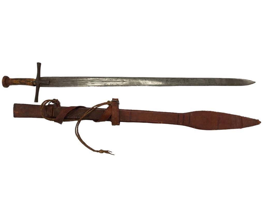 Kaskara 19th C. Sword in Leather Sheath: Kaskara 19th C. Sword in Leather Sheath from the Sudan