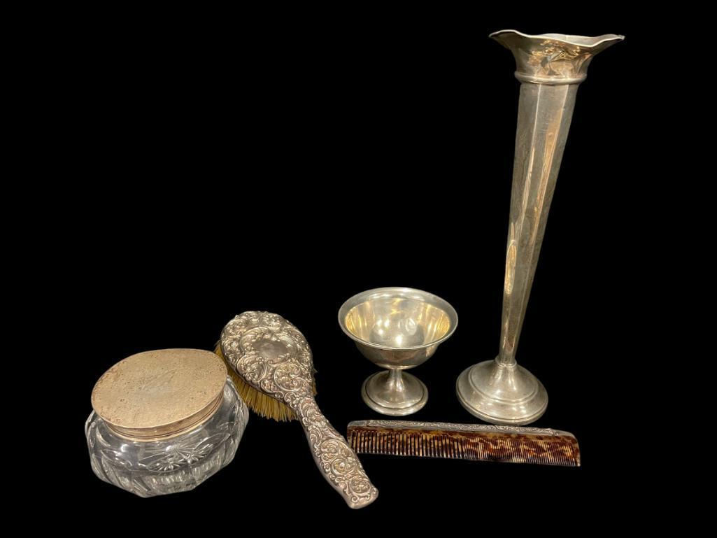 Sterling Top Dresser Jar, Brush, Comb etc: Sterling Top Dresser Jar, Brush, Comb, goblet, weighted vase