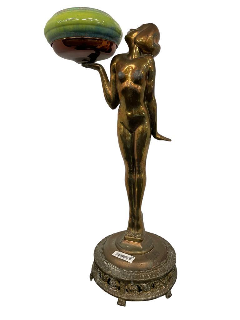 1920's Nuart Nude Floor Ash stand "Kissing Girl": Nuart Large Nude Floor Ash stand (or candy dish) known as "Kissing Girl" w/orig. pottery insert, largest floor ashtray figure highly detailed and excellent original brass/copper plated finish