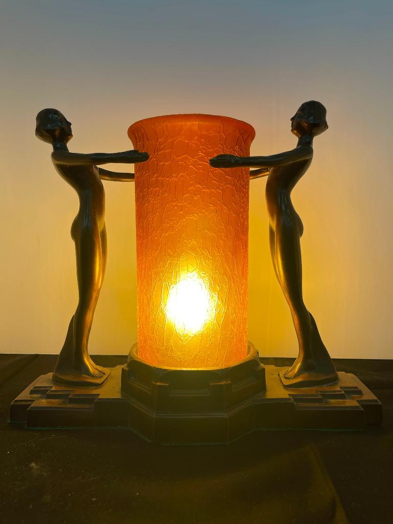 1920's Nuart Double Nudes Lamp w/ Amber Shade (1 of 14)
