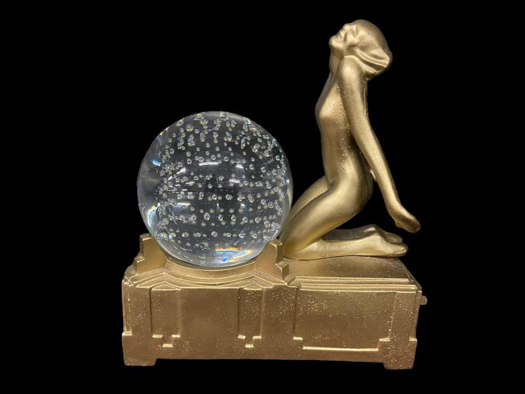 1920's Frankart Nude Figure Lamp w/ Art Glass Shade: Frankart #L-235 L235 nude w/Steuben or Pairpoint Crystal Ball Bubble Clear Art Glass, lamp in base, gold paint refinish. Looks like older repaint, excellent job.