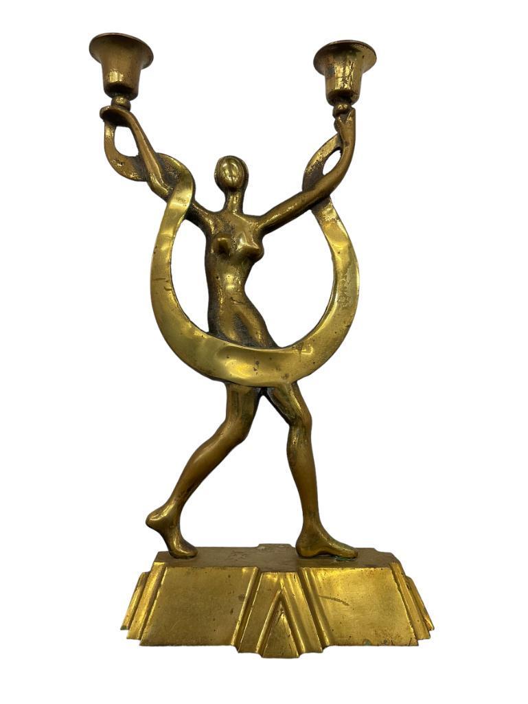 Seville Studios Art Deco Brass Plated Candle Holder: Seville Studios, Seville, OH 1920s Art Deco Brass Plated cast iron Candle Holder w/Standing nude w/orig. finish & Double Candle Holders on top, marked impressed Seville Studios