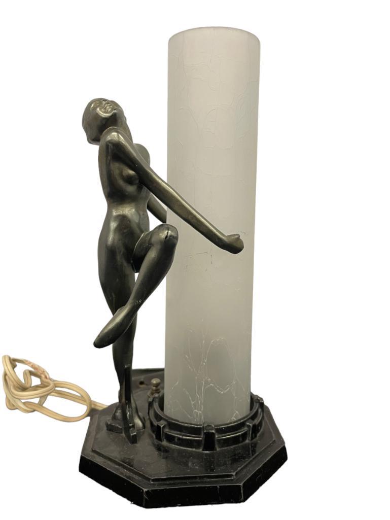 1920's Frankart Swirling Nude Lamp: Frankart model# L229 Swirling Nude Lamp w/orig.clear/ white frosted crackle glass cylinder/pillar shade