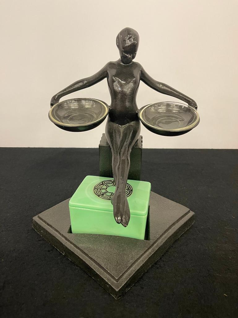 Frankart Double Ashtray w/ Cigarette Box: Frankart orig. Double Tray Vivacious Nude w/Cigarette Box and 2-clear glass Trays and Jadeite Green glass cigarette box in base T364 Smokers Set, Reclining Girl with outstretched arms each holding ash