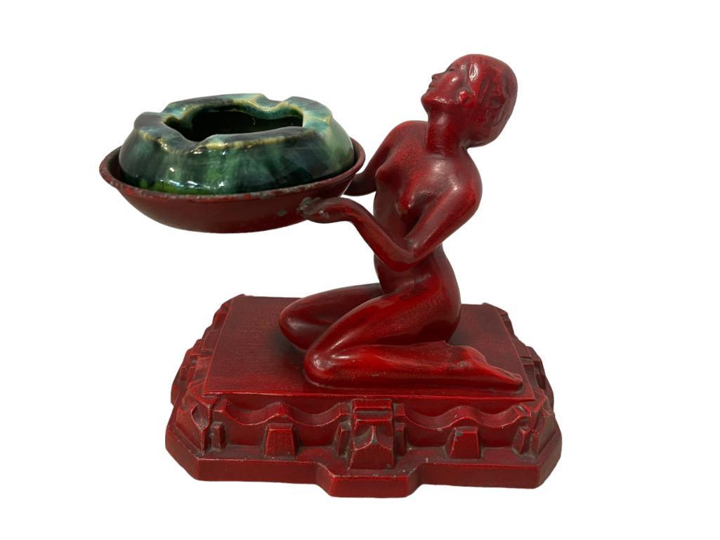1920's Nuart Female Figure Ashtray: Nuart K417 nude girl offering ashtray in orig. and RARE Nuarts Oriental Red finish with only ashtray holder