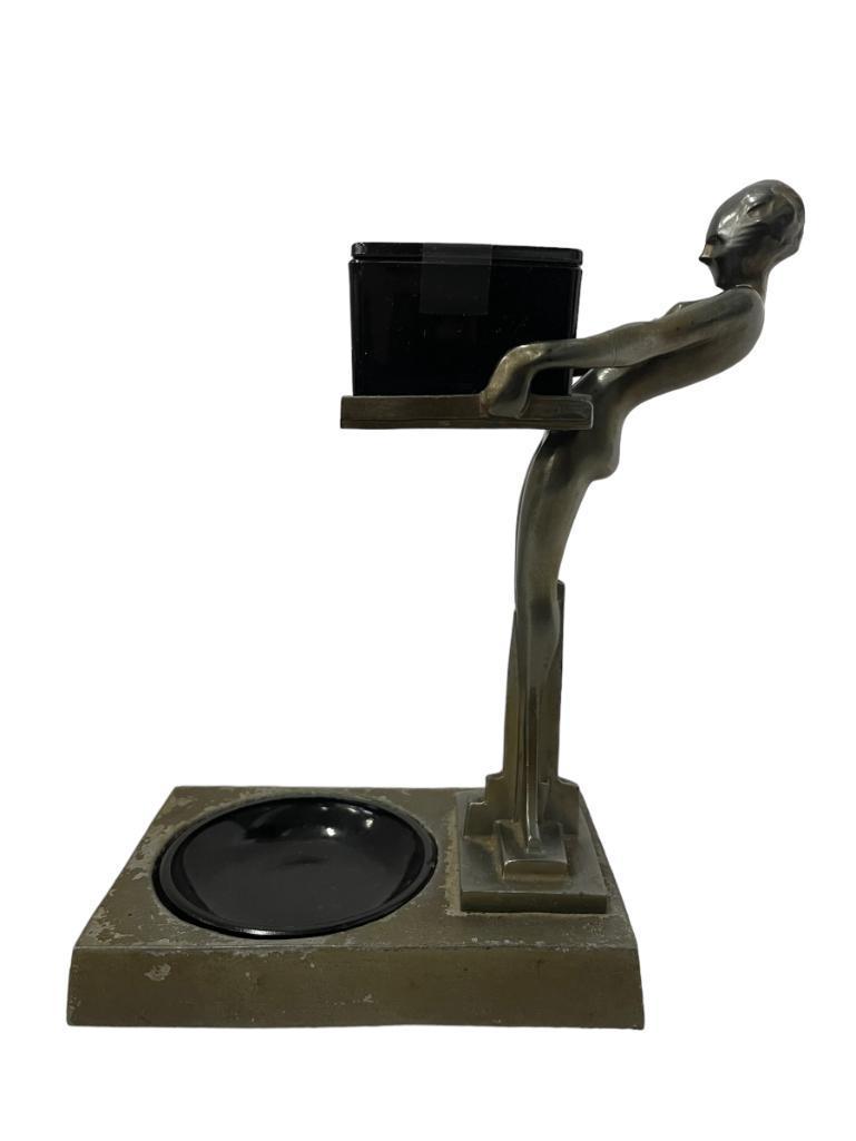 1920's Frankart Smoker Server Nude Female: Frankart Smoker girl T340 w/inserts Frankart Smoker Server Nude Girl w/original black glass inserts, both the ashtray & cigarette box w/lid