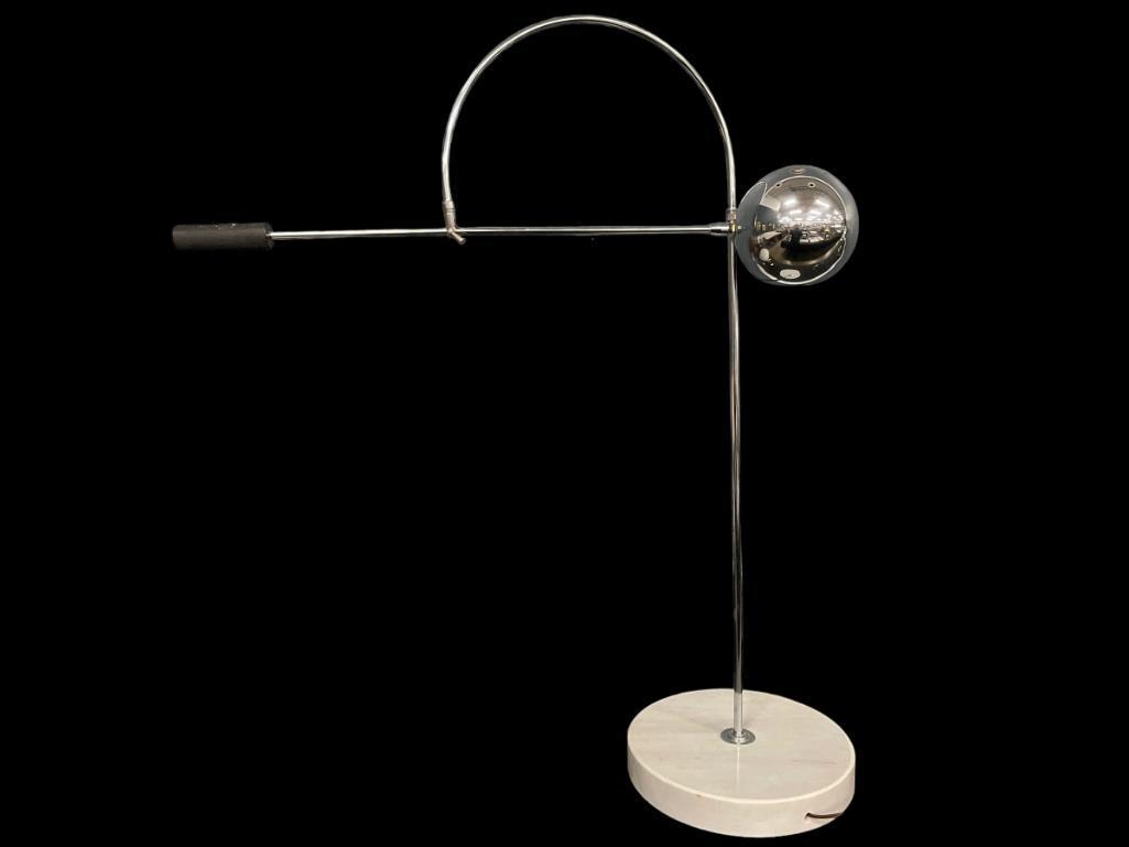 Sonneman Orbiter Floor Lamp, Mid Century: Original Sonneman Orbiter Floor Lamp Mid Century Modern, articulated curved swing-arm weighted lever arm w/chrome ball lamp w/marble weighted base. Designed by Robert Sonneman Lighting and Mf'd by Tor