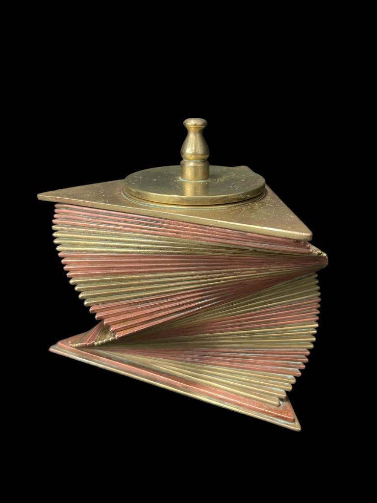 John Otar Art Deco Brass and Copper Lidded Box: John Otar Art Deco brass and copper lidded box (larger size originally designed for cigars) was designed, patented and produced by John Otar circa 1928-1935. The box is composed of individual triangul