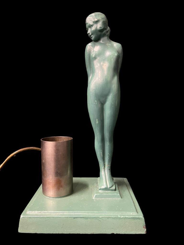 Applied Arts of London Eve Lamp: Applied Arts of London EVE Lamp, featuring a female nude in an iconic pose produced in Mayfair, London in the 1930's . This piece was called EVE Pillar Lamp, reg #773156 and is holding an apples behin