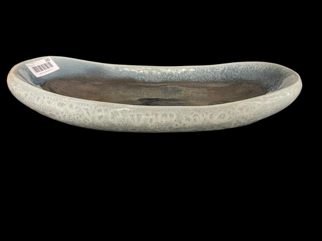 Russel Wright Bauer Ceramic Platter/Bowl: RUSSEL WRIGHT BAUER PLATTER/BOWL, USA, 1945. Glazed ceramic earthenware Low Large Bowl Platter by Russel Wright -American, 1904-1976. Gray blue glazed exterior and bottom with gun-metal glazed inte