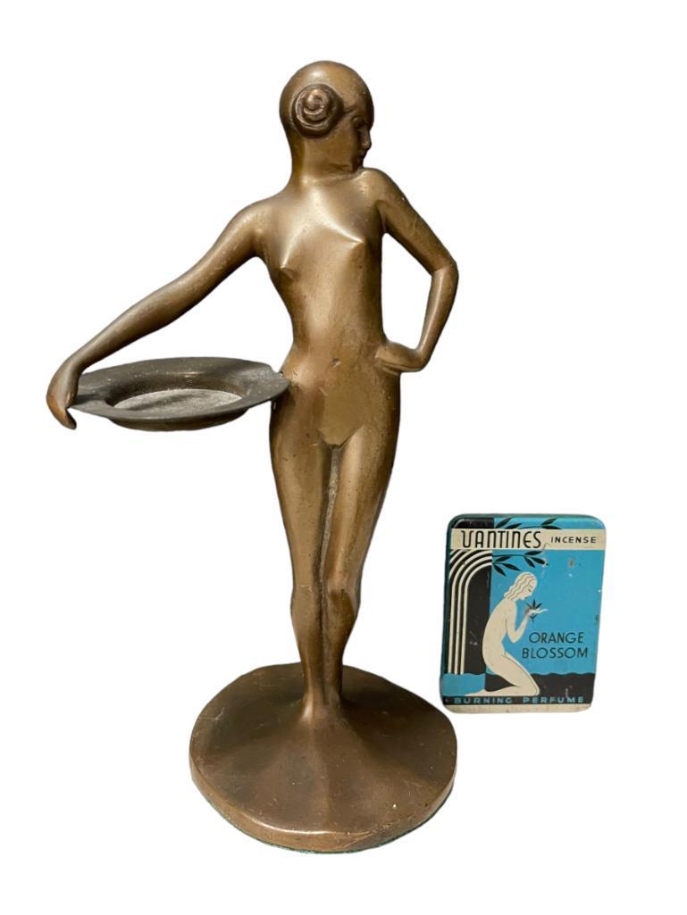 1920's Nude Metropolis Style Figure Incense Burner etc: All Original Nude Metropolis Style Figure for Incense solid bronze Deco design 10"H holding basket f/incense burner and Original French Vantine's Incense Tin -- Orange Blossom -- w/front Deco Female F