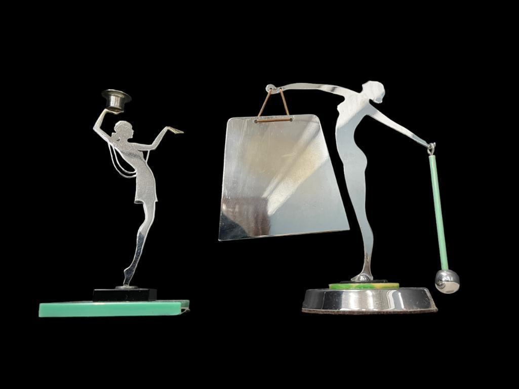 2 Art Deco Chrome Figures incl. English etc: 2pcs incl. English chrome nude striker gong w/catalin & bakelite discs (green & black) and Art Deco Chrome and Bakelite Female Figure Silhouette Candleholder showing Dress and Scarf Outlined. Manufact