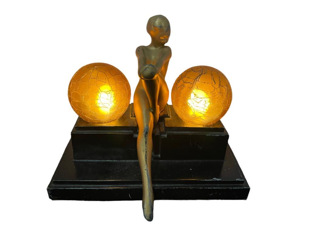 Frankart Graceful Nude Lamp w/ amber shades: Frankart Graceful Nude Lamp, Model# L250, with Black Base and Female Figure in Gold, w/amber double original mini-crackle glass ball shades