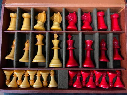 Vintage Catalin Bakelite Art Deco Chess Set: Vintage Catalin / Bakelite ART DECO E.S. LOWE CHESS SET Butterscotch Bakelite & Bright Red Catalin Chess Pieces in their original case