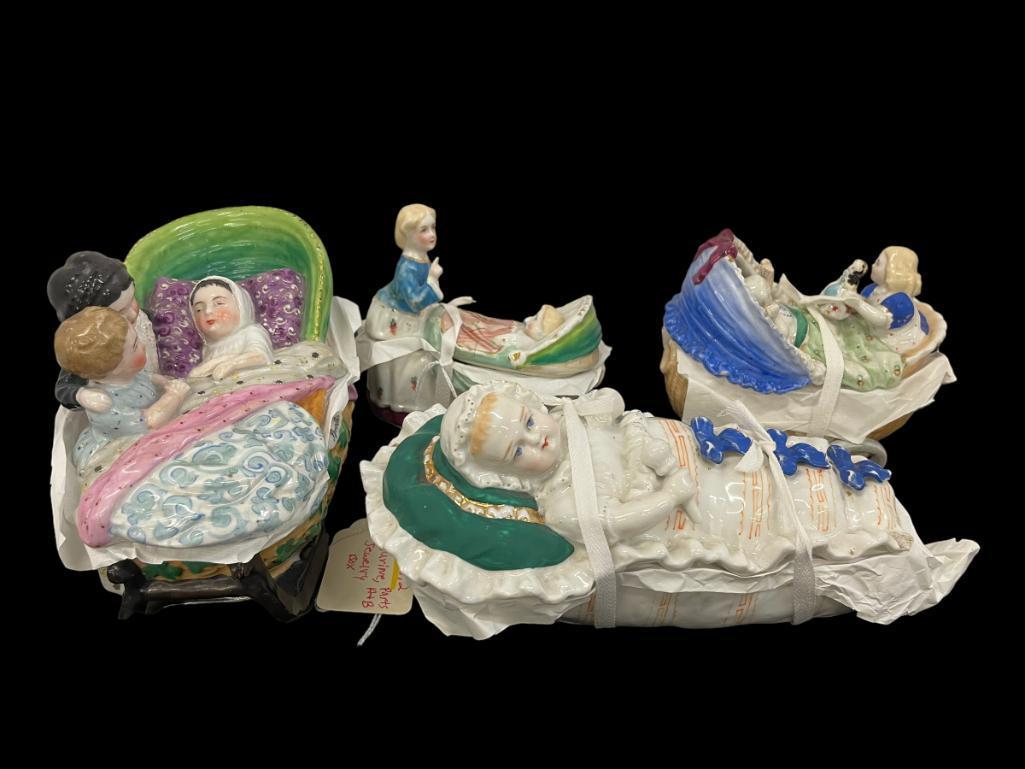 Lot Staffordshire Covered Boxes, babies etc: Lot Staffordshire Covered Boxes, babies, bassinet, etc