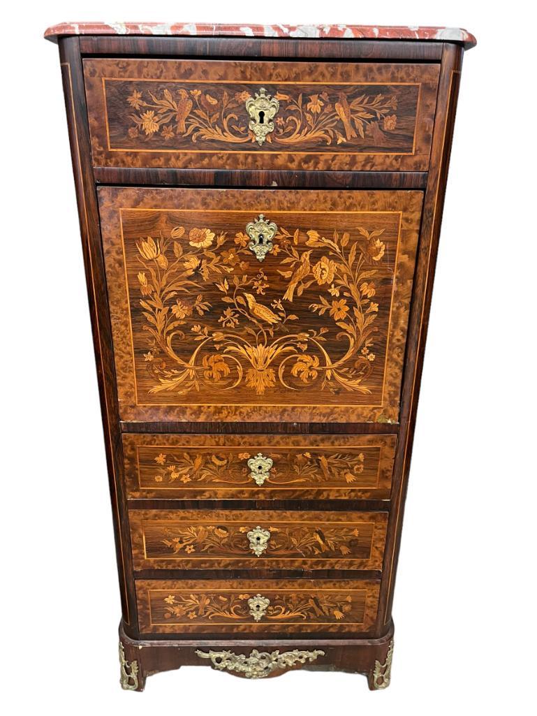 4 Drawer Inlaid Drop Front Desk, Flowers, birds and burl (1 of 9)