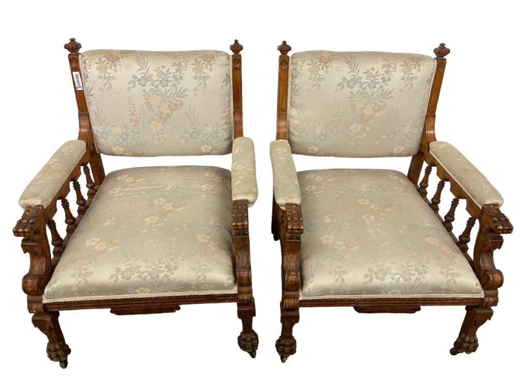 Pair Carved Upholstered Chairs with lions heads: Pair Carved Upholstered Chairs with lions heads and claw feet, approx. 28" x 29" x 36"