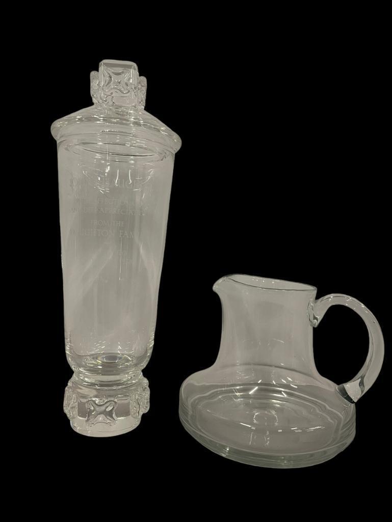 Signed Steuben Pitcher and Covered Jar with original boxes (Jar inscribed to John Haughey) approx. (1 of 11)