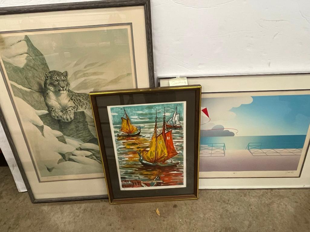 3 Signed Lithographs incl. Quentin King, Edward Bierly: 3 Signed Lithographs incl. Quentin King "Kite" 46/225 and Edward J. Bierly "Snow Leopard" 389/500, Sailboats, approx. 27.5" x 38"