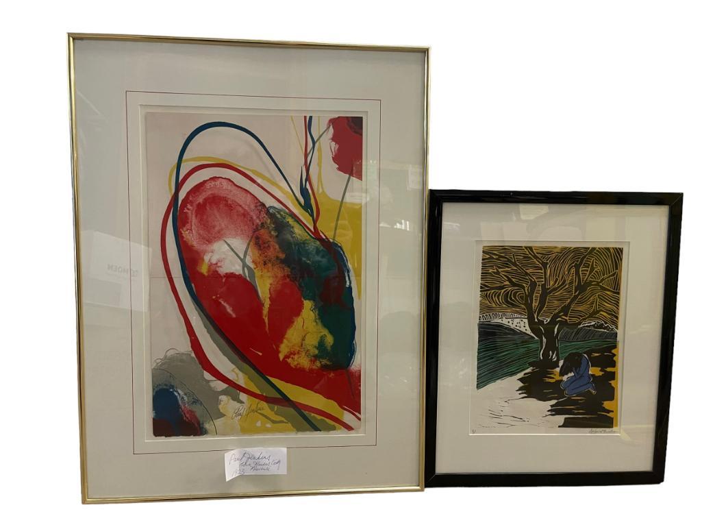 Paul Jenkins Abstract Print+ A. Thrasher block print: Paul Jenkins Abstract Print approx 21" x 28" and signed A. Thrasher block print