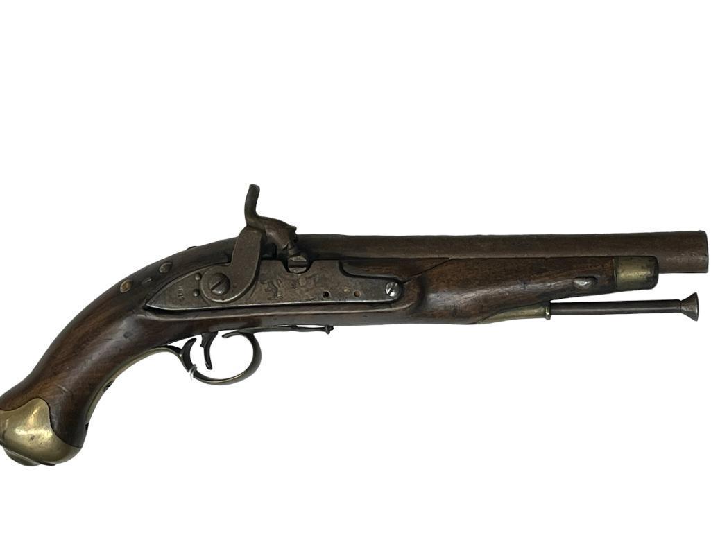 Antique Percussion Pistol, lock dated 1812: Antique Percussion Pistol, lock dated 1812, V Crown proof mark on barrel, The stock is cracked and missing a screw in trigger guard, total length approx 15"