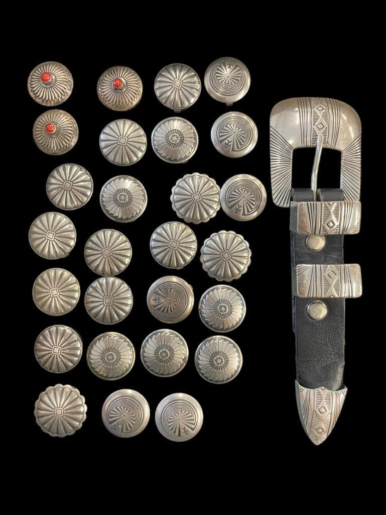 Western Belt Buckle & Medallions: J. Delgerite sterling western belt buckle plus approx. 27 concho medallions.