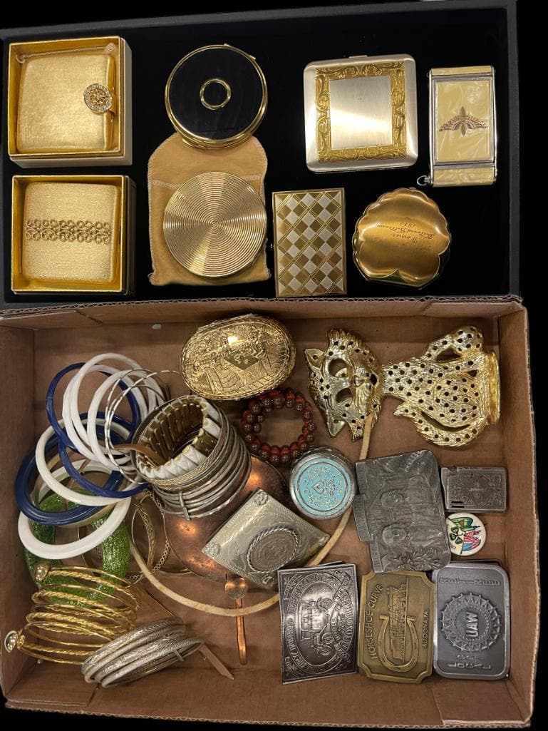 Lot of Vintage Belt Buckles, etc: Lot of vintage compacts, bracelets, belt buckles, etc.