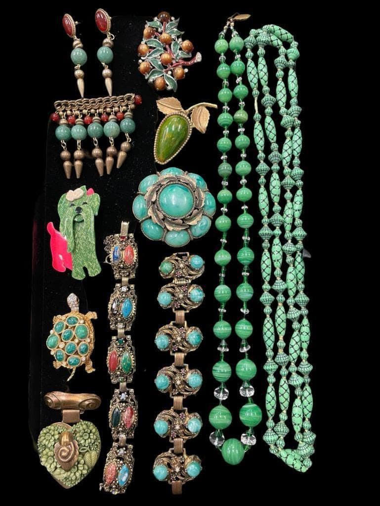 Costume Jewelry incl. KJL: Tray of costume jewelry (pins, necklaces, etc.,) incl. Kirschenbaum pat pending NY, KJL, Lea Stein, Original by Robert. Collection of Carole Tanenbaum.