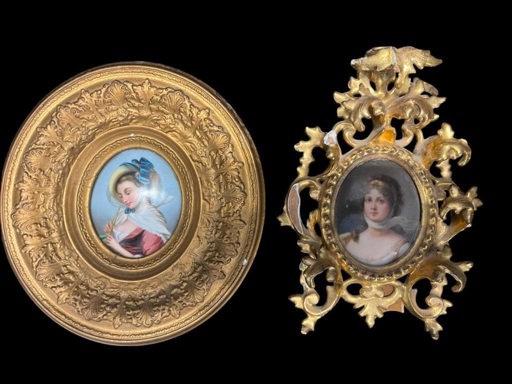 2 Paintings- Porcelain in Gold Frames: Two paintings, porcelain in gold frames. Woman in fancy gowns, round approx. 8 x 7 1/4. Italian approx. 8 x 6 gold frame has damage.