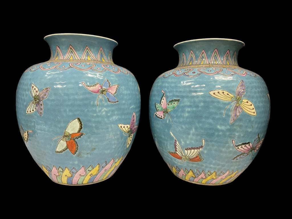 Asian Pottery Vases w/ Butterfly (1 of 9)