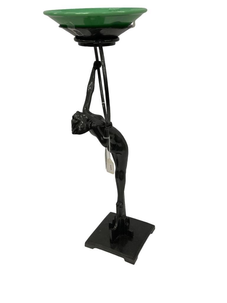 Frankart "Hoop Girl" Figure Floor Ashtray: Frankart "Hoop Girl" figure floor ashtray T-333 in gun metal grey finish with original jadite glass insert. Approx. 25 1/4"H.