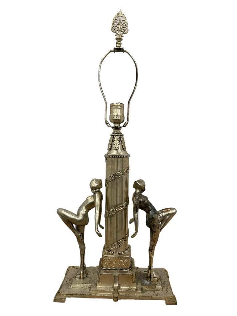 Frankart Twin Nude Lamp: 20's art deco Frankart L222 1920's metal art deco twin nudes w/ back to center stem lamp w/ special order variation center stem & harp instead of square crackle glass column. Orig. silver- plated fini