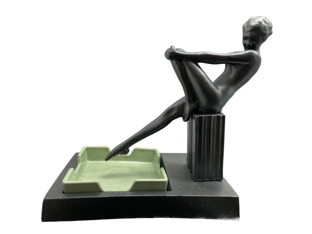 Frankart Ashtray Girl w/ Insert: Frankart ashtray girl w/ insert Frankart T-339. Female figure sitting a top a fluted column. Insert ashtray in base. In original gun metal metallic finish for nude and base. Appears that pedestal may
