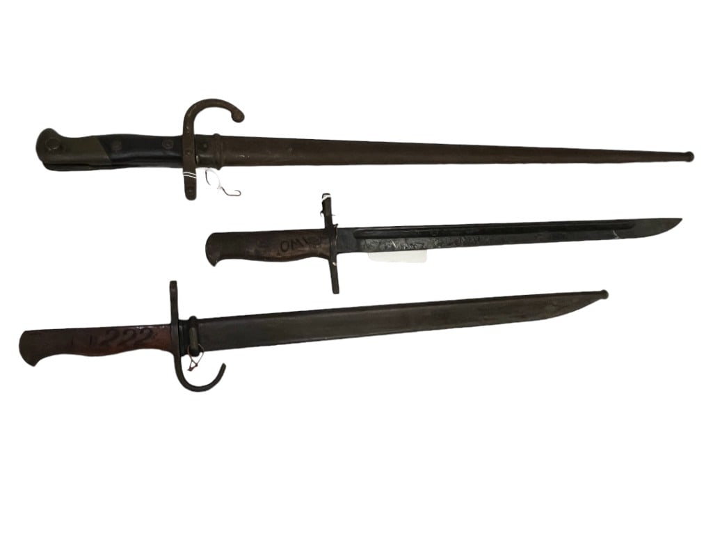 Bayonets Incl. French: Group of three bayonets incl. Japanese, French, etc. Longest is approx. 26".