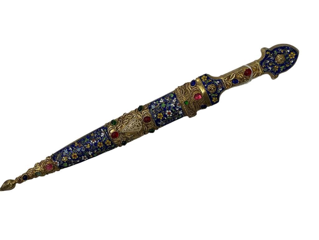 Fancy Russian Enamel & Jeweled Dagger: Fancy Russian enamel and jeweled dagger. Dagger appears to be 20th century. Total length is approx. 16".