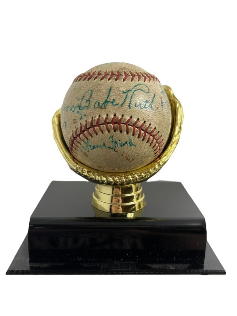 Babe Ruth Signed Baseball w/ C.O.A: Babe Ruth signed baseball with Joe McCarthy, Casey Stengel, Mel Ott, Frank Frisch, Bucky Harris, Carl Hubbel, etc. and "according to letter of authenticity, the Babe Ruth and Mel Ott signature have be