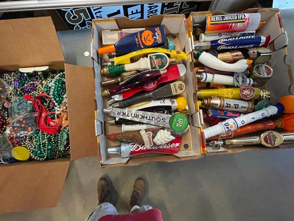 Beer Taps incl. Blue Moon: 2 lots of beer taps incl. Blue Moon, IPA's, Smithwicks, etc. Also, a box of Mardi Gras necklaces.