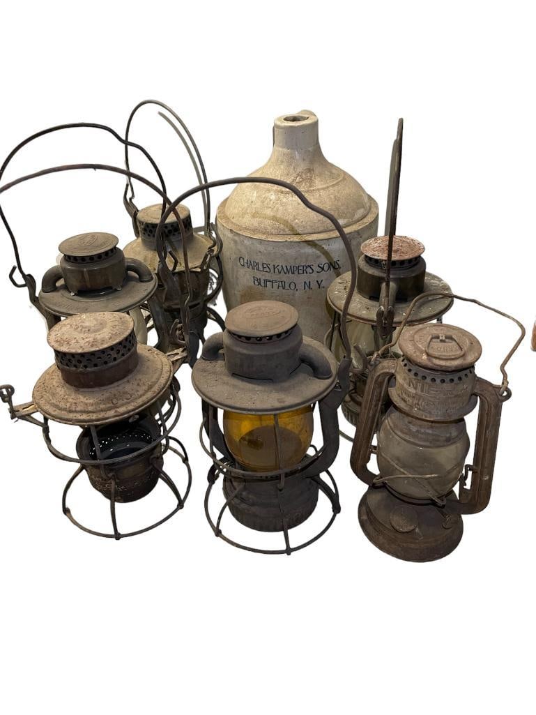 Lanterns incl. NY Central Railroad: Lanterns incl. NY Central Railroad, Charles Kamper's Sons stoneware jug.