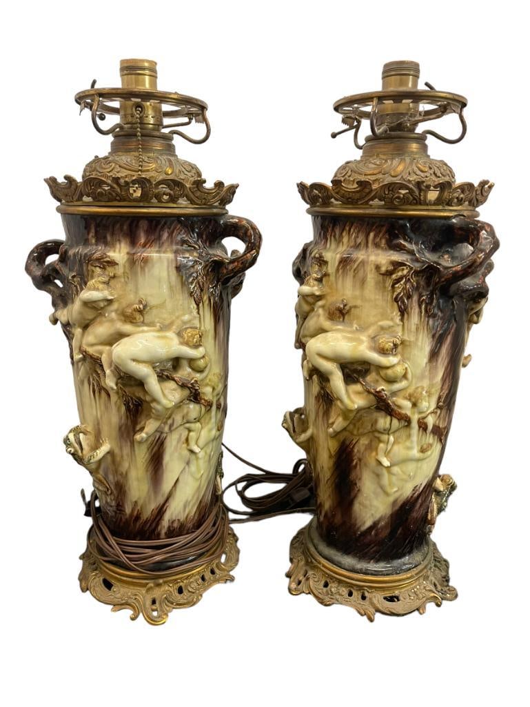 Theodore Deck & Joseph Gustave Cheret Pair of Ceramic Table Lamps Embellished with Children & More (1 of 10)