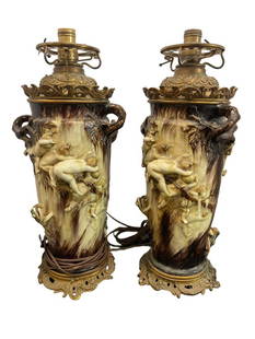 Theodore Deck & Joseph Gustave Cheret Pair of Ceramic Table Lamps Embellished with Children & More: Theodore Deck & Joseph Gustave Cheret Pair of Ceramic Table Lamps Embellished with Children, frogs and branches, bronze base, converted from oil lamps, approx. 9" x 9" x 20"