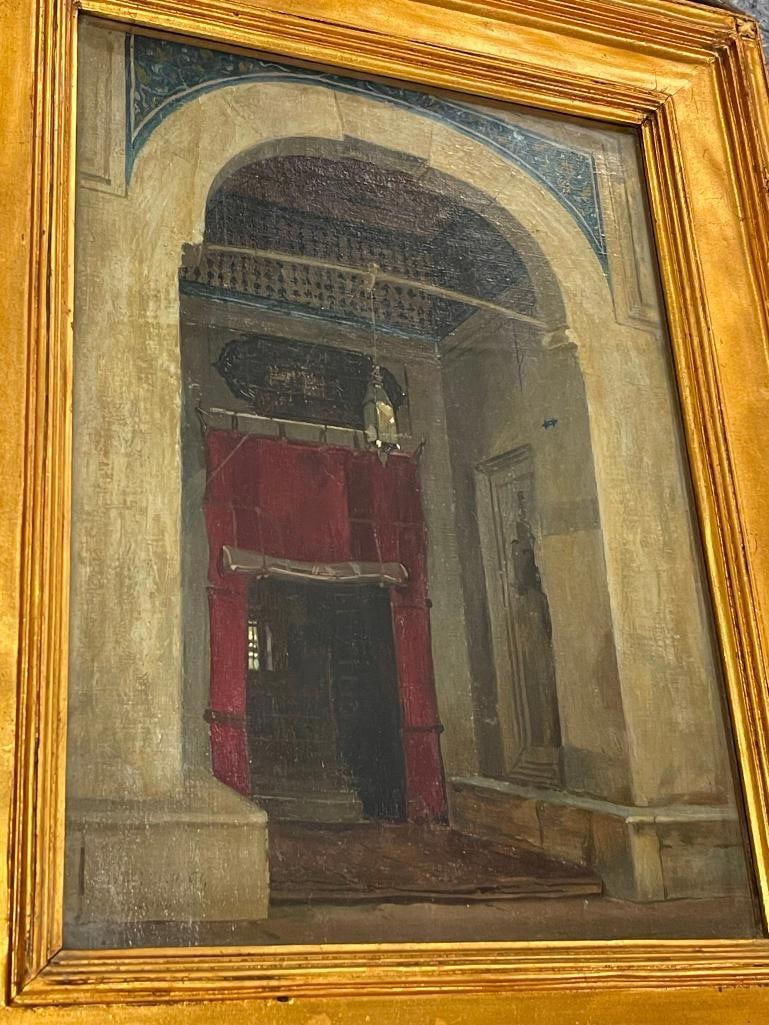 Antique Oil on Canvas Painting of "Building Entry Way" (1 of 4)