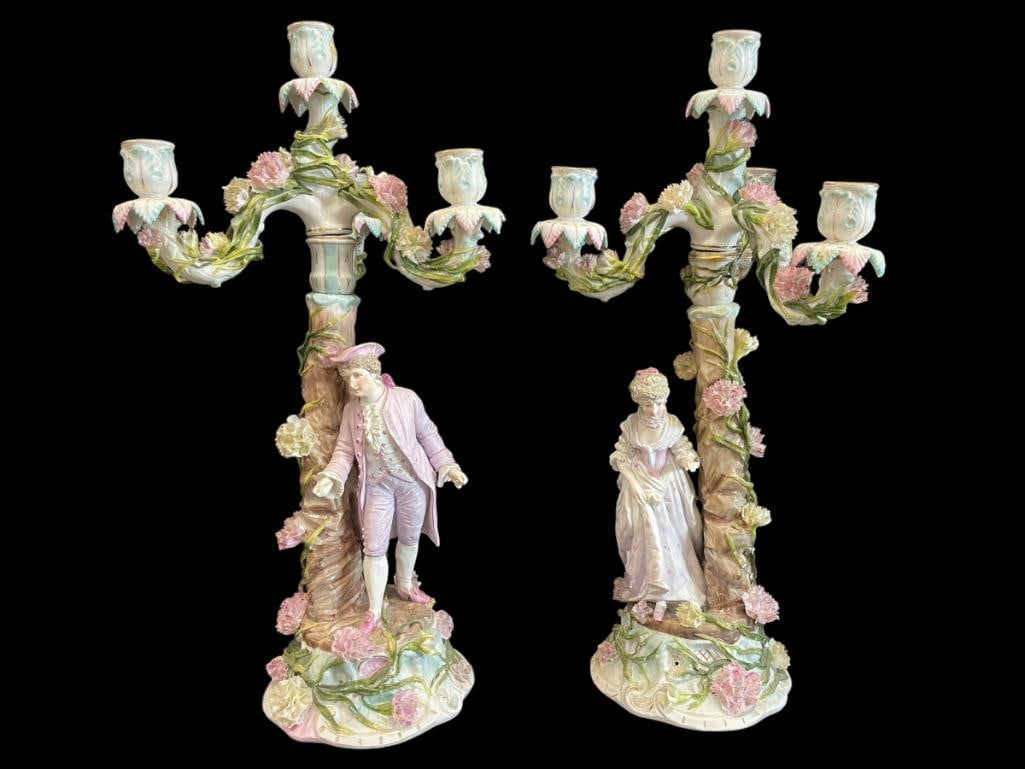 Pair Hand Painted Porcelain Figural Candelabra: Pair Hand Painted Porcelain Figural Candelabra, approx. 9" x 9" x 20"