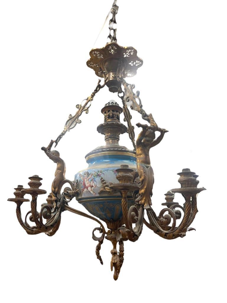 Bronze and Porcelain 10 Light Hanging Light Fixture (1 of 5)