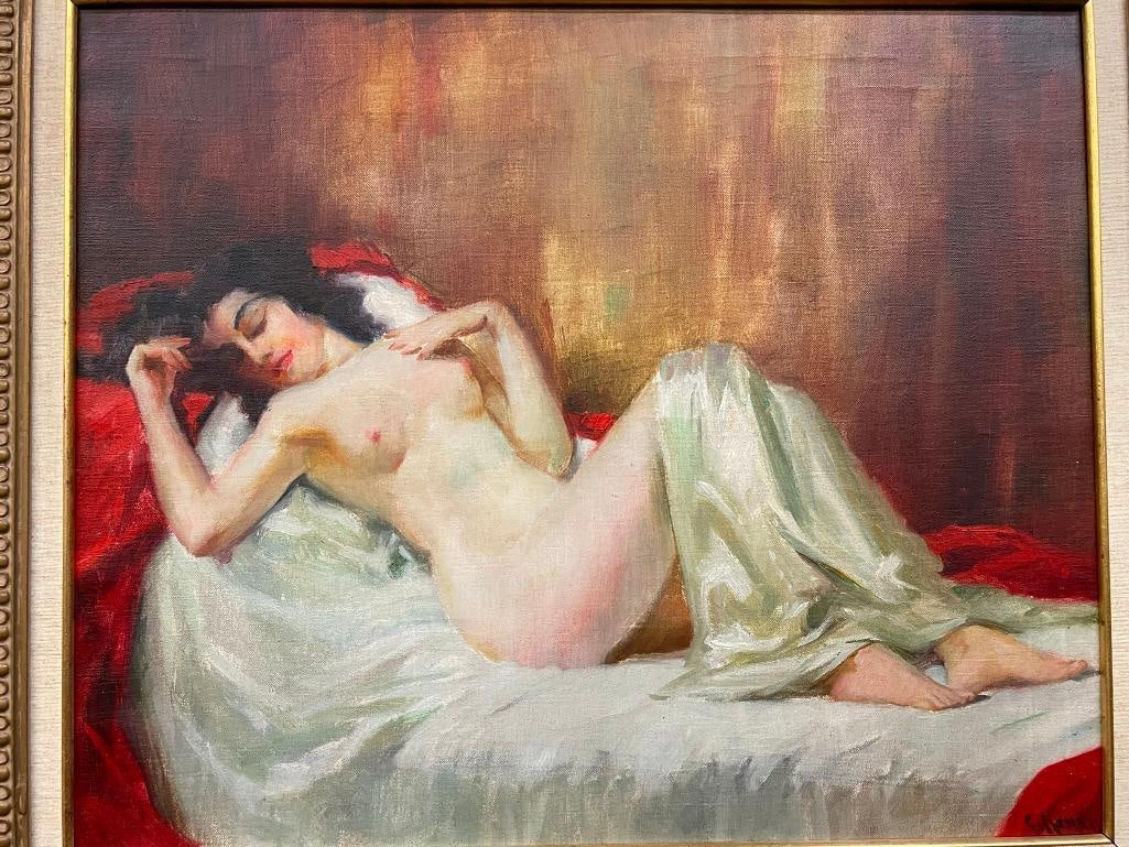 Geza Kende Oil on Canvas Painting: Geza Kende Oil on Canvas Painting "Reclining Nude" 33"x30"