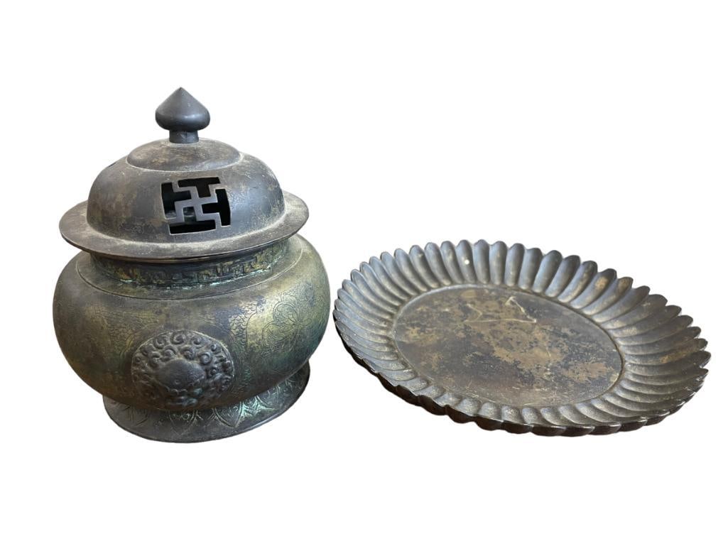 Asian Incense Burner w/Signed Bronze Plate (1 of 8)