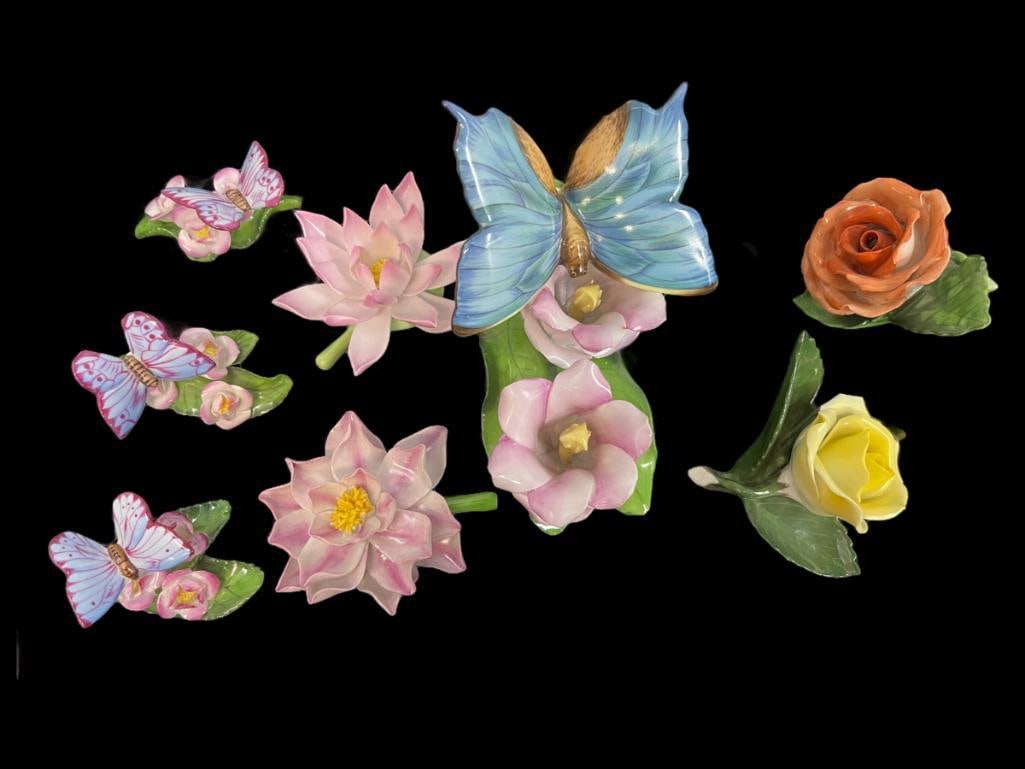 5 Herend Hand Painted Porcelain Flowers: 8 Herend Hand Painted Porcelain Flowers incl. 4 with butterflies, approx. 4" x 5" x 3.5"h