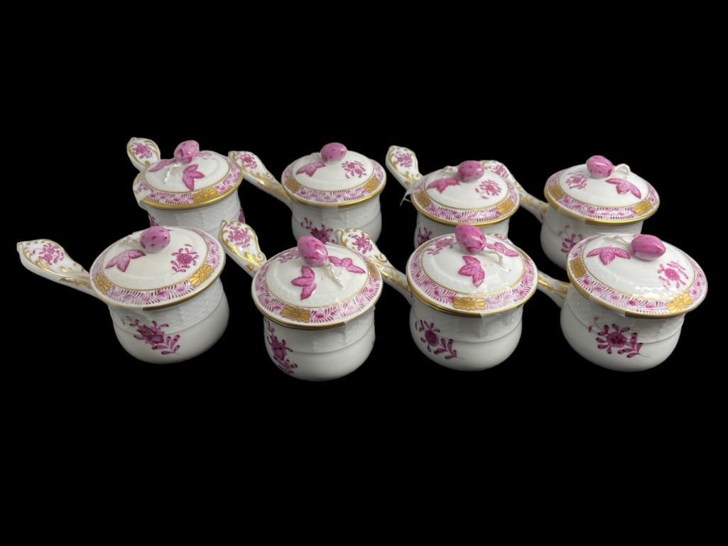 8 Herend Hand Painted Porcelain Covered Pots w/Handles (1 of 8)